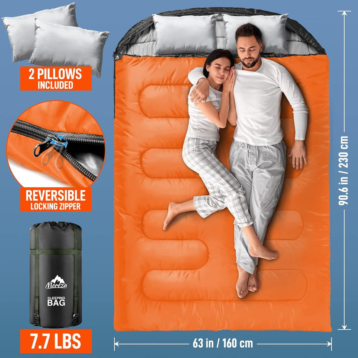 Double Sleeping Bag for Adults with Pillow, XL Queen Size