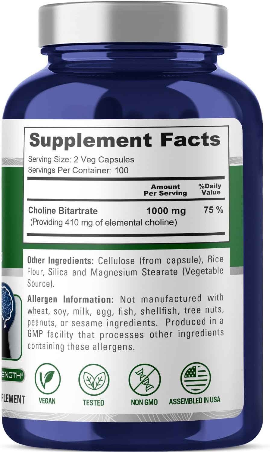 NusaPure Colina Bitartrato 1000 mg 200 Cápsulas Veganas