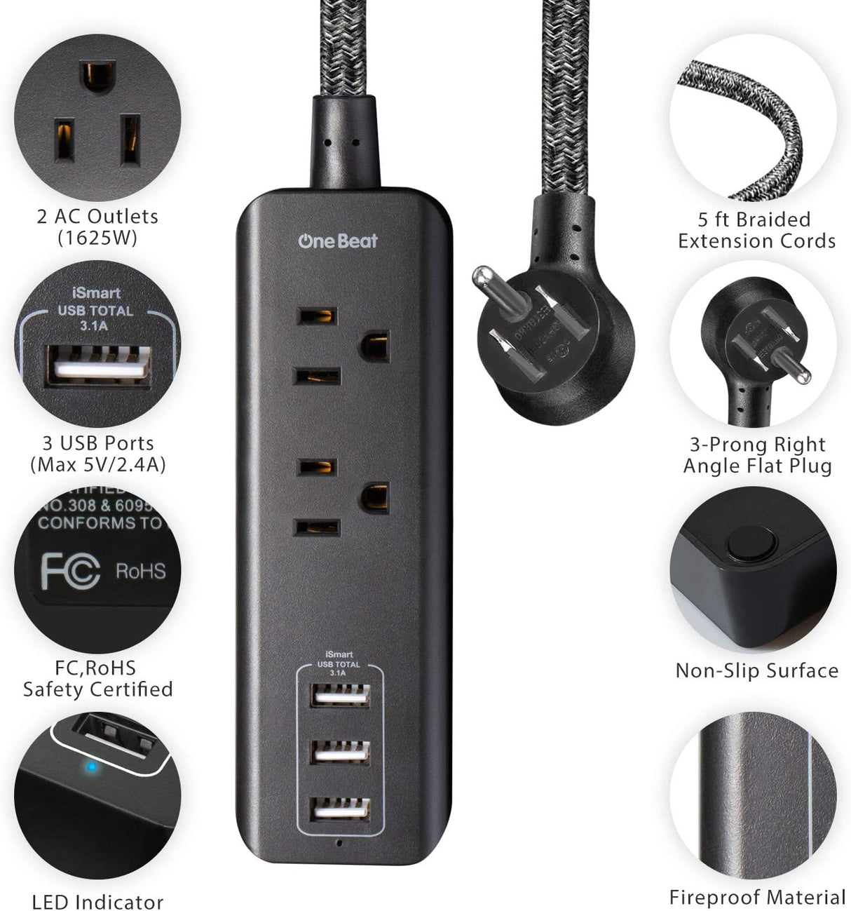 Caja de enchufes de viaje con 3 puertos USB de carga (3,1 A, 15 W) y 2 tomacorrientes, estación de carga de escritorio con cable de extensión trenzado de 5 pies, enchufe plano, portátil para hotel, crucero, hogar y oficina