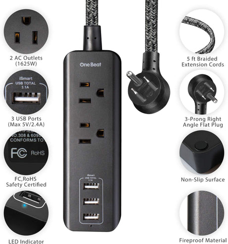 Caja de enchufes de viaje con 3 puertos USB de carga (3,1 A, 15 W) y 2 tomacorrientes, estación de carga de escritorio con cable de extensión trenzado de 5 pies, enchufe plano, portátil para hotel, crucero, hogar y oficina