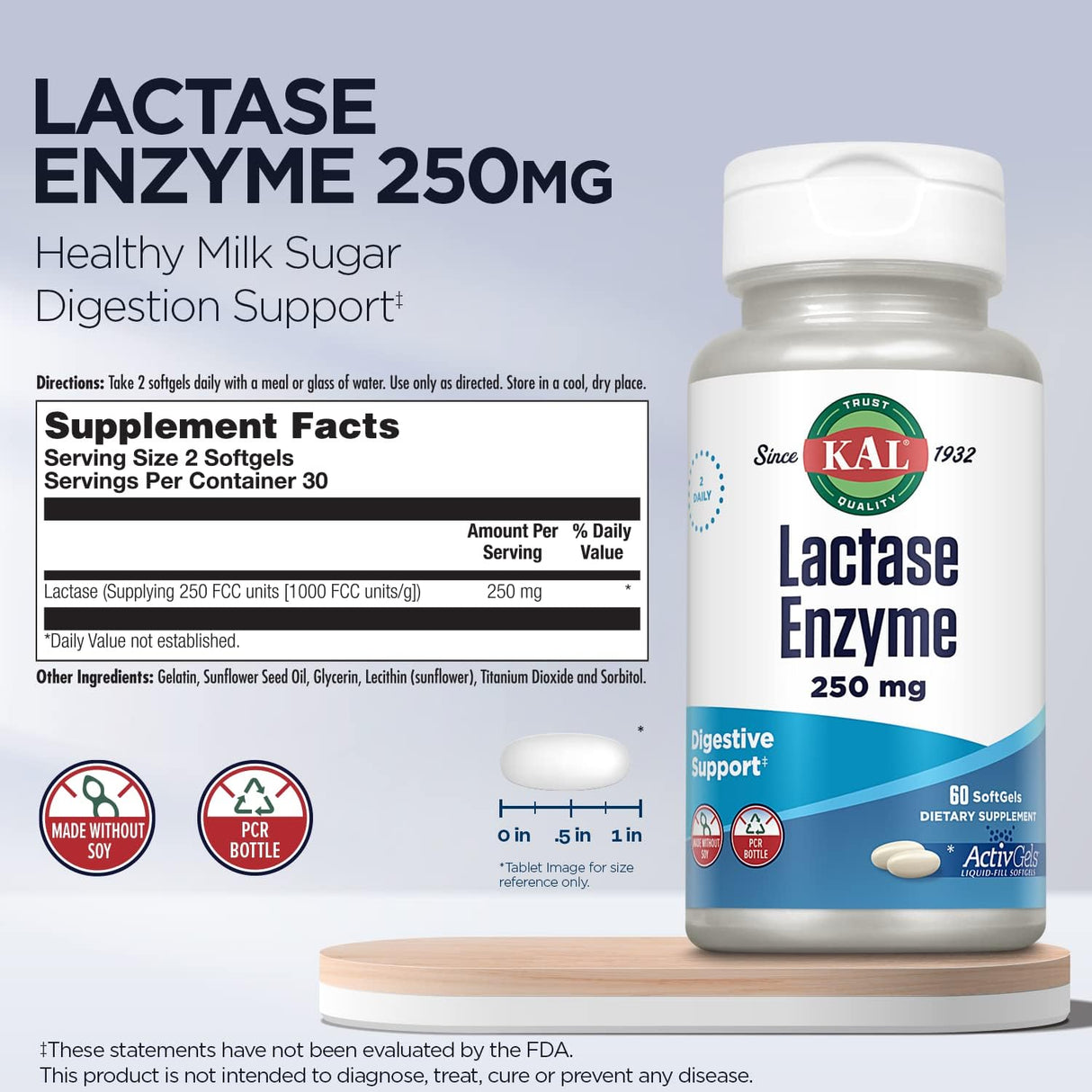 Suplemento Enzima lactasa de 250 mg de digestión saludable