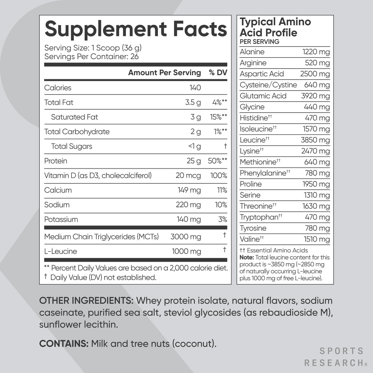 Suplemento de Proteína de Suero Isolada Sports Research® 25g, Sin OGM
