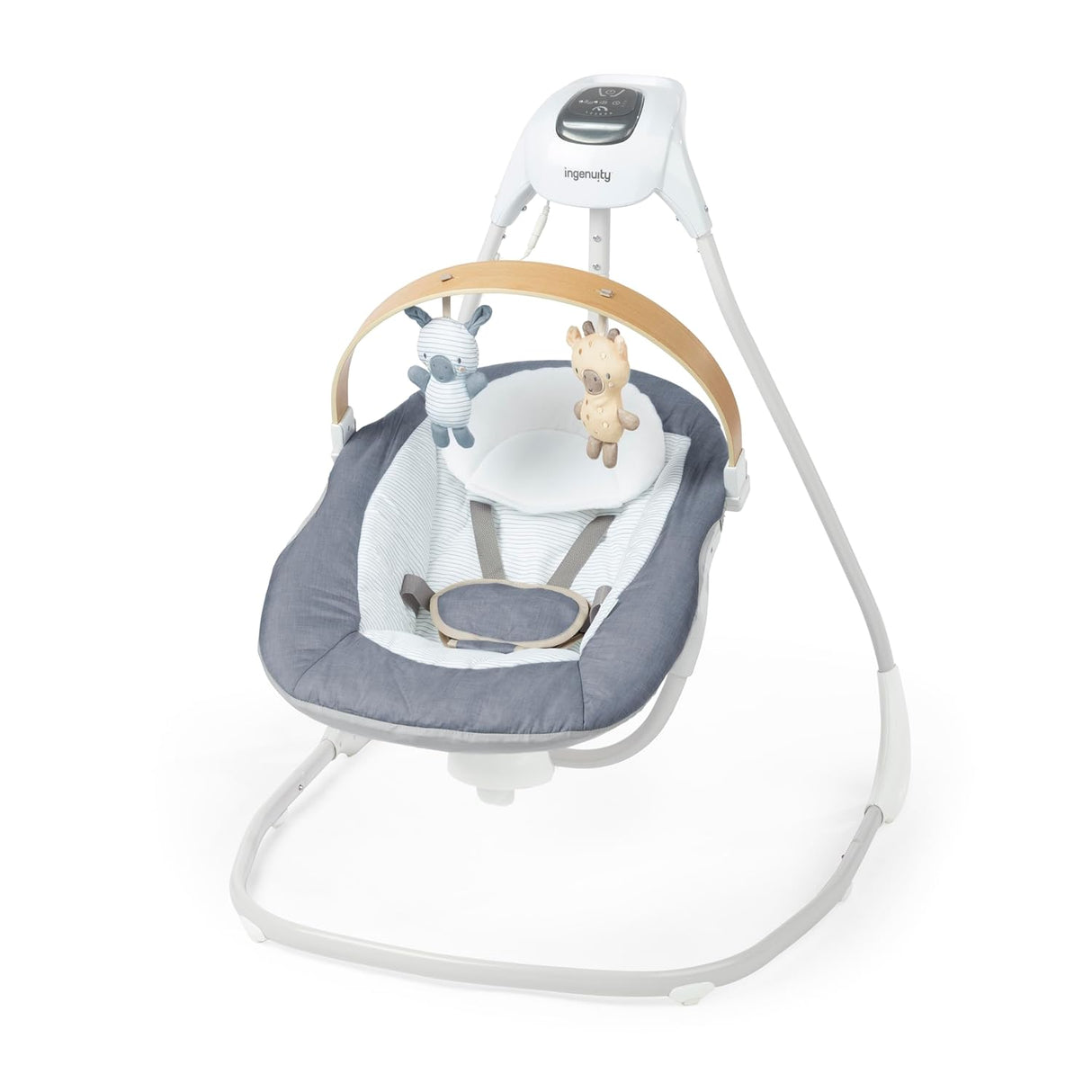 Ingenuity SimpleComfort - Columpio compacto relajante, barra de juguetes giratoria, asiento giratorio, 6 velocidades, para edades de 0 a 9 meses, hasta 20 libras, color cambray