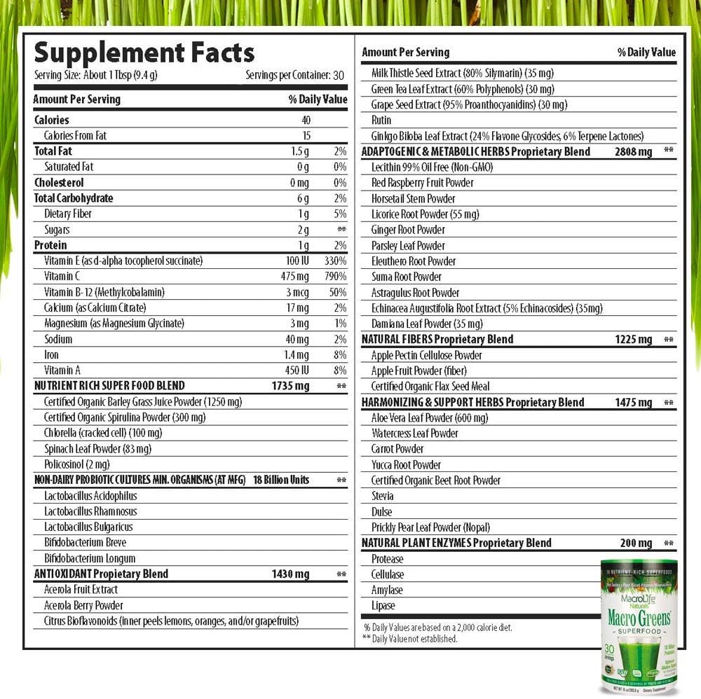 MacroLife Naturals Macro Greens: Superalimento 10oz (30 Serv.)