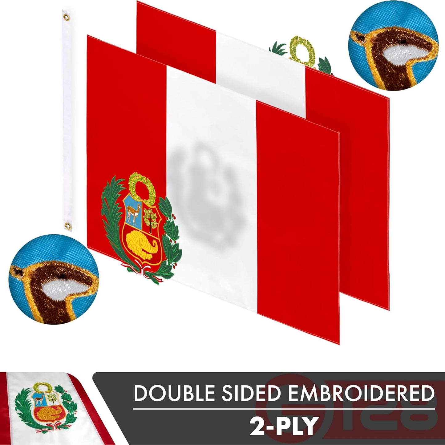 G128 Bandera peruana de Perú | 3 x 5 pies | Serie Double ToughWeave poliéster 210D bordado de doble cara | Bandera de campo, diseño bordado, interior/exterior, ojales de latón, resistente, 2 capas