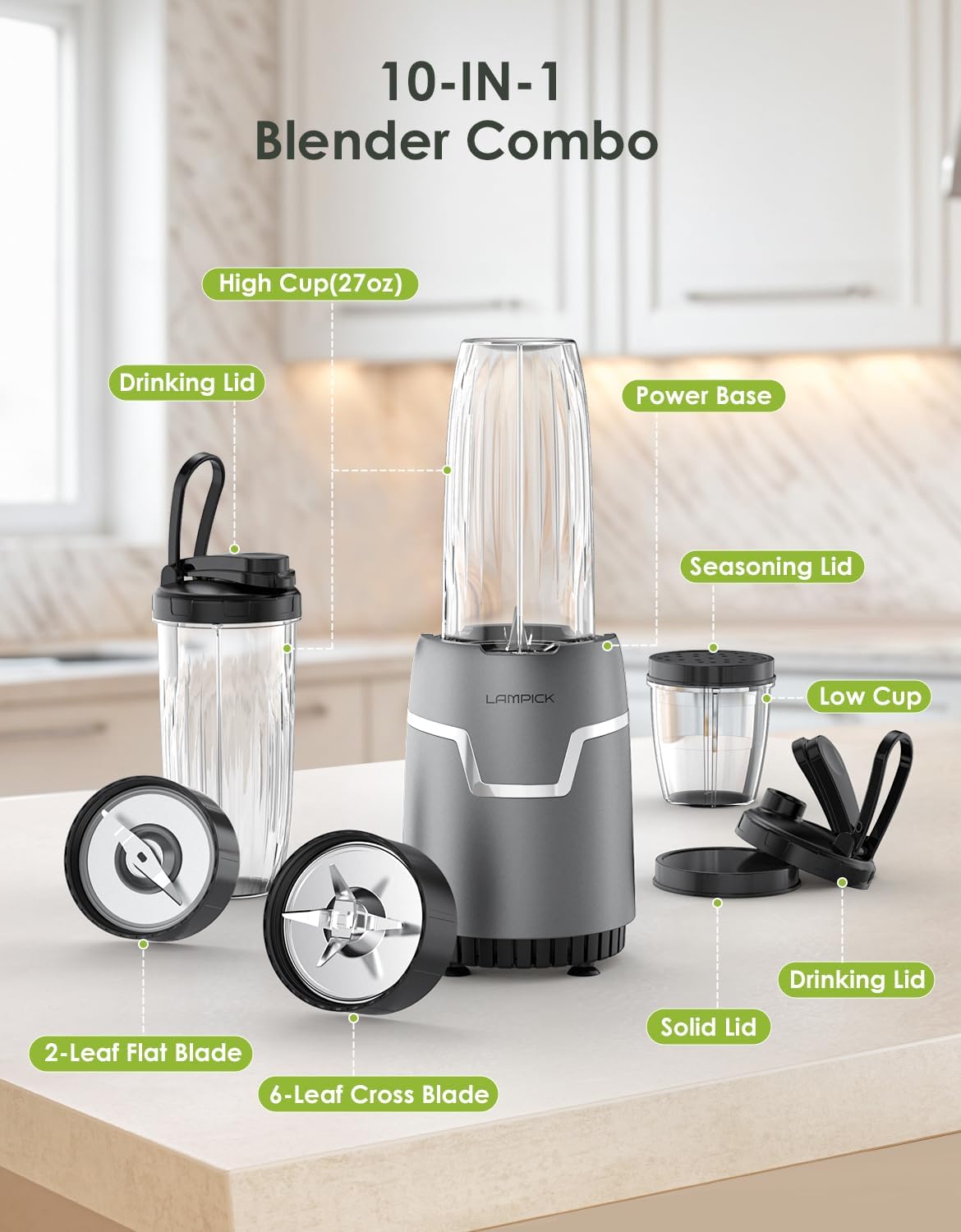 Licuadora Smoothie 1100W, 2 Tazas 27 Oz, 10 Oz Molinillo
