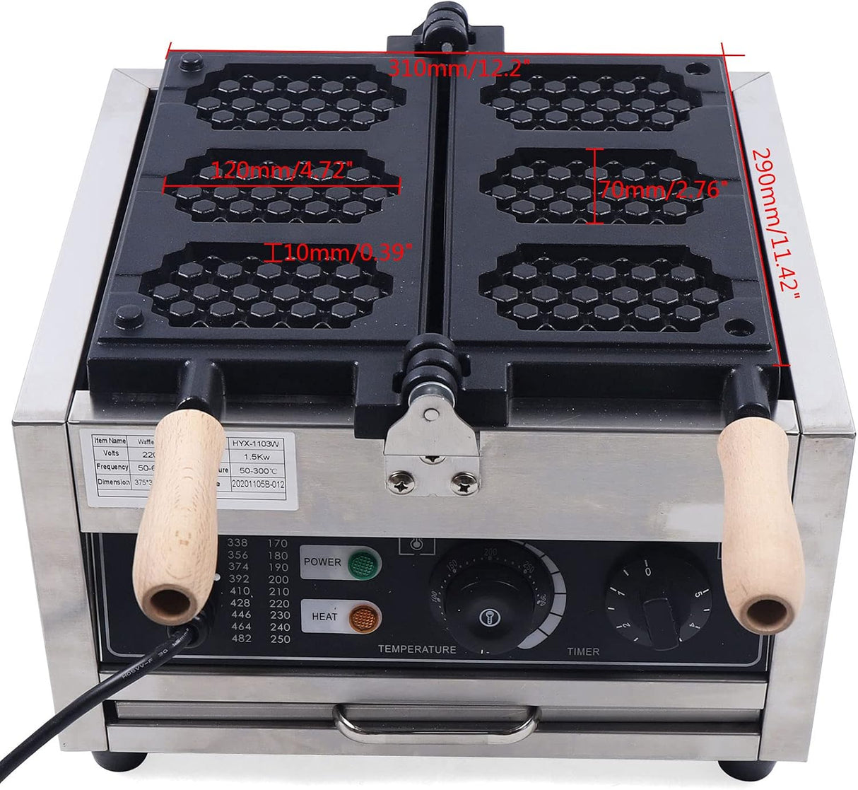 Máquina de Waffles Eléctrica 1500W, Honeycomb, 110V