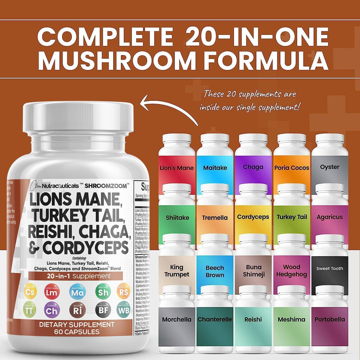 Suplemento de Hongos 20 en 1 Clean Nutraceuticals - Pack