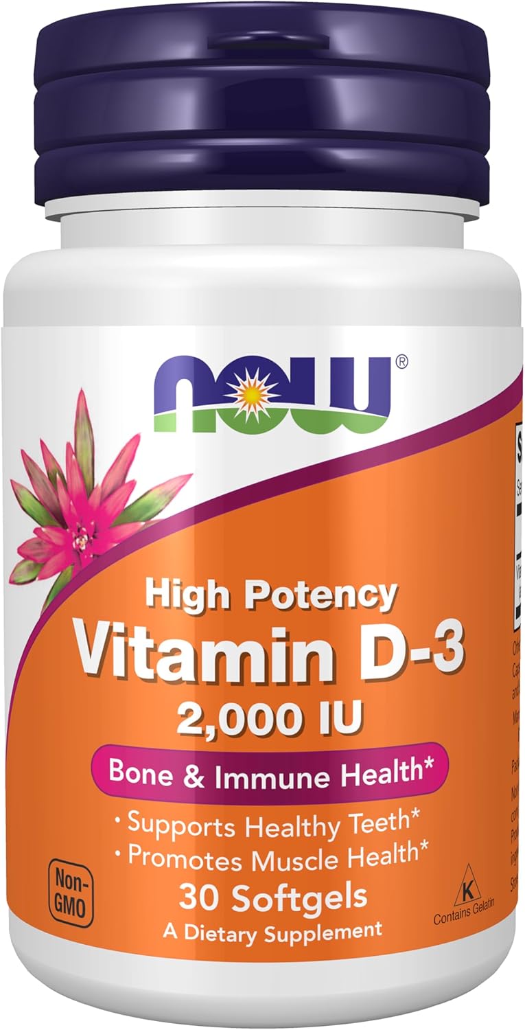 Suplemento de Vitamina D-3 2000 IU, NOW, Alta Potencia, 30 Cápsulas