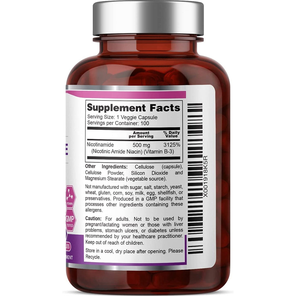 Suplemento B-3 Nicotinamida 500mg Apoya la Salud Celular 100