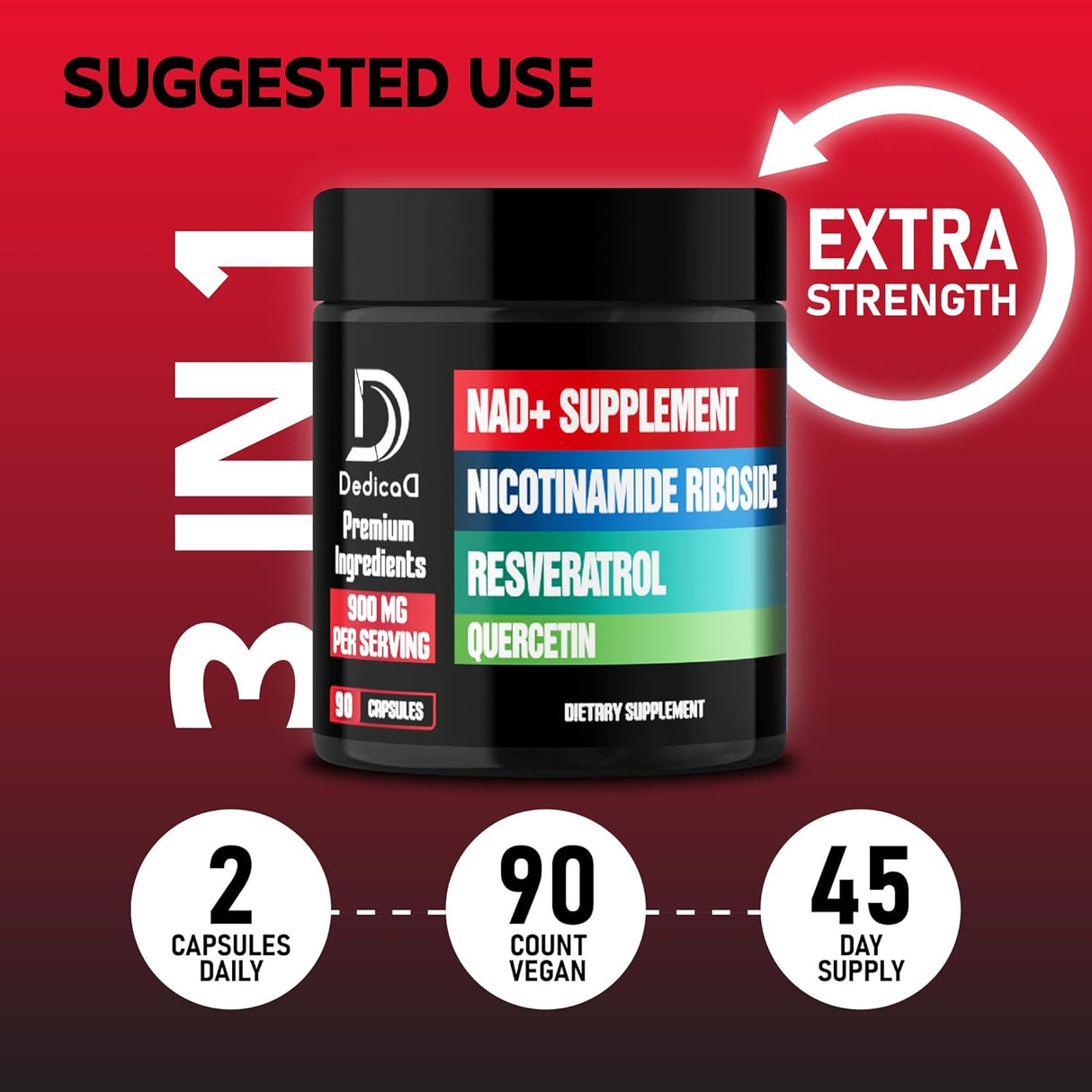 Suplemento NAD+ 900mg NR, Resveratrol, Quercetina - 90 Cápsulas