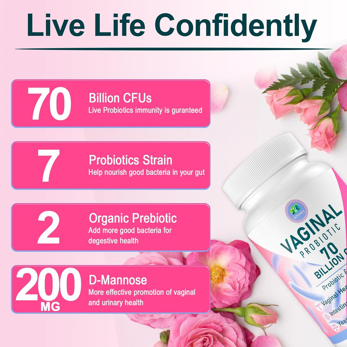 Probiótico vaginal mujer, 70B CFUs, equilibrio pH, prebiotico, D-Mannosa, 60 caps