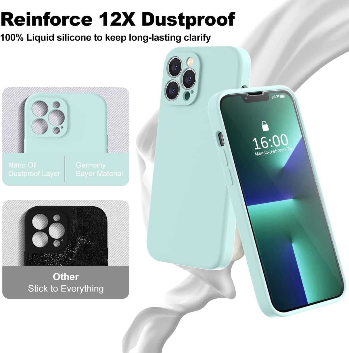 BossKiss Funda compatible con iPhone 13 Pro Max, funda de silicona líquida de alta calidad [tacto aterciopelado] [2 protectores de pantalla de vidrio templado 9H], funda de kit de protección completa a prueba de golpes, color menta