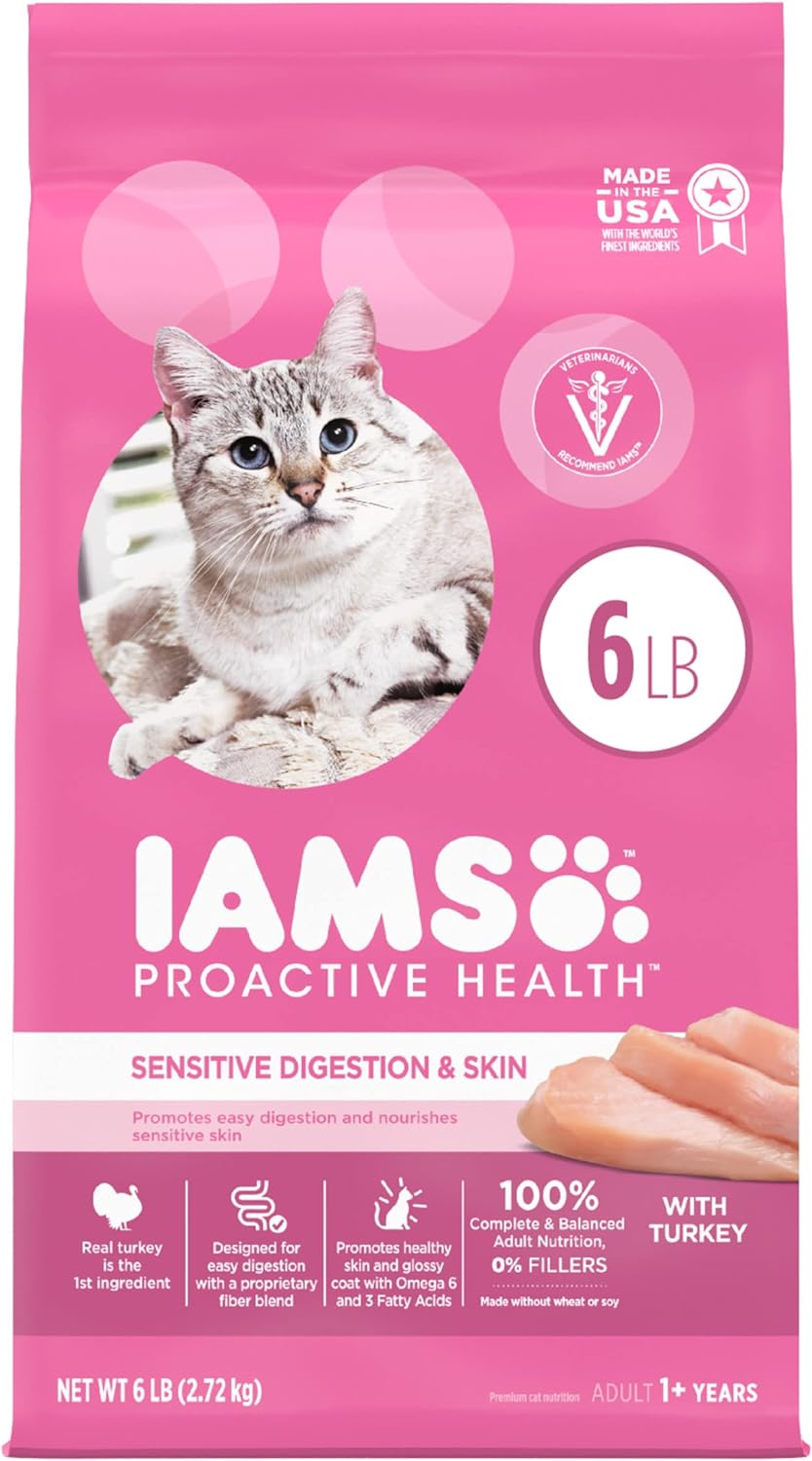 IAMS Proactive Health Adult Sensitive Digestion &amp; Skin Dry Cat Food with Turkey, 6 lb. Bag