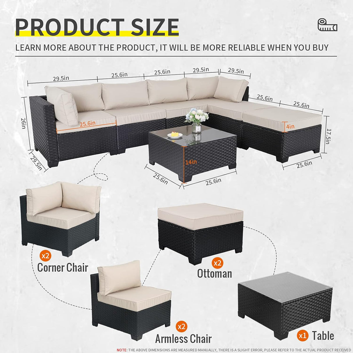 Lviden Juego de muebles de mimbre PE para exteriores, 7 piezas, juego de sofá de conversación seccional de ratán para patio, con cojines caqui y mesa superior de vidrio