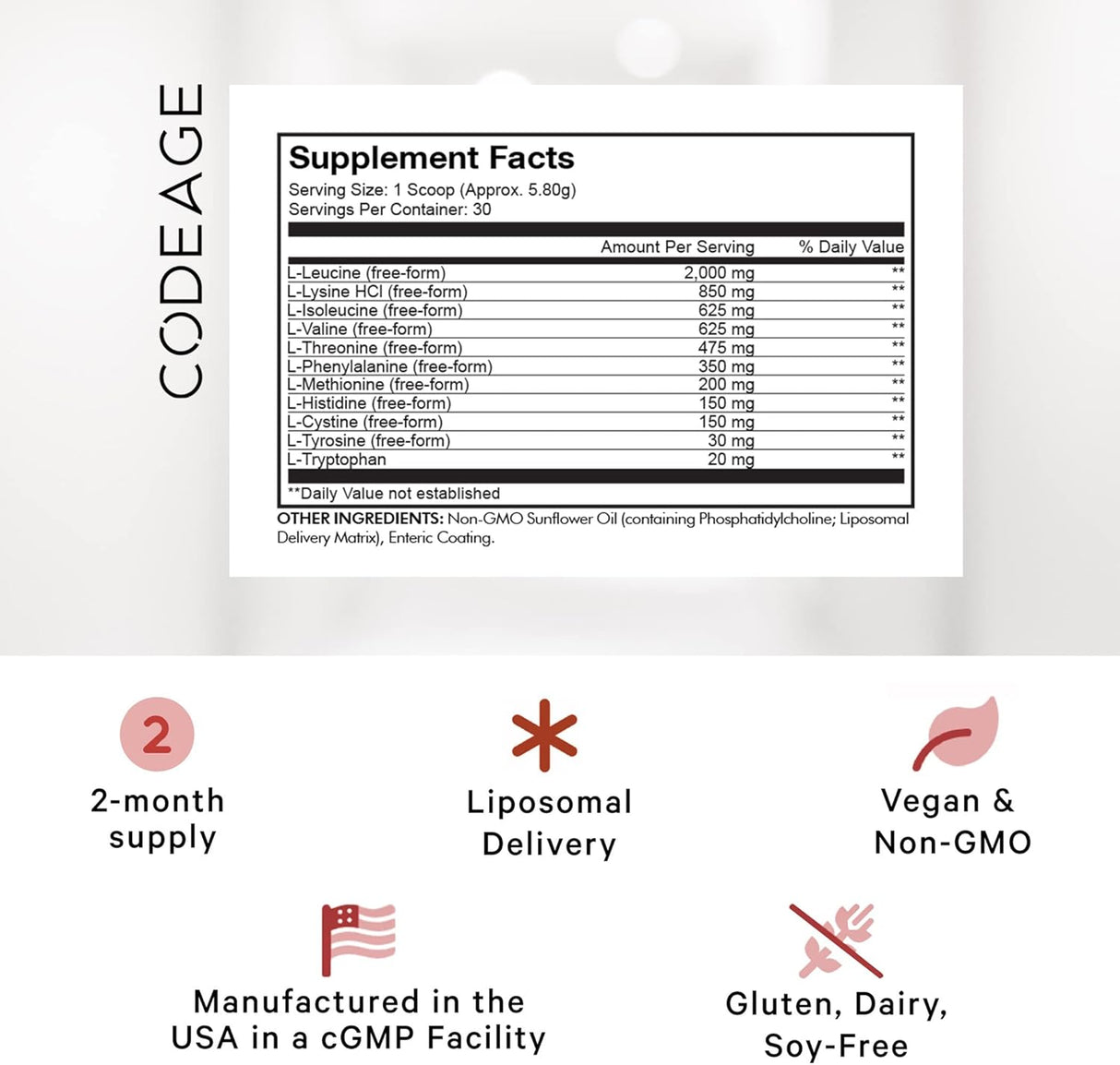 Suplemento liposomal de aminoácidos de Codeage, 6.15 oz