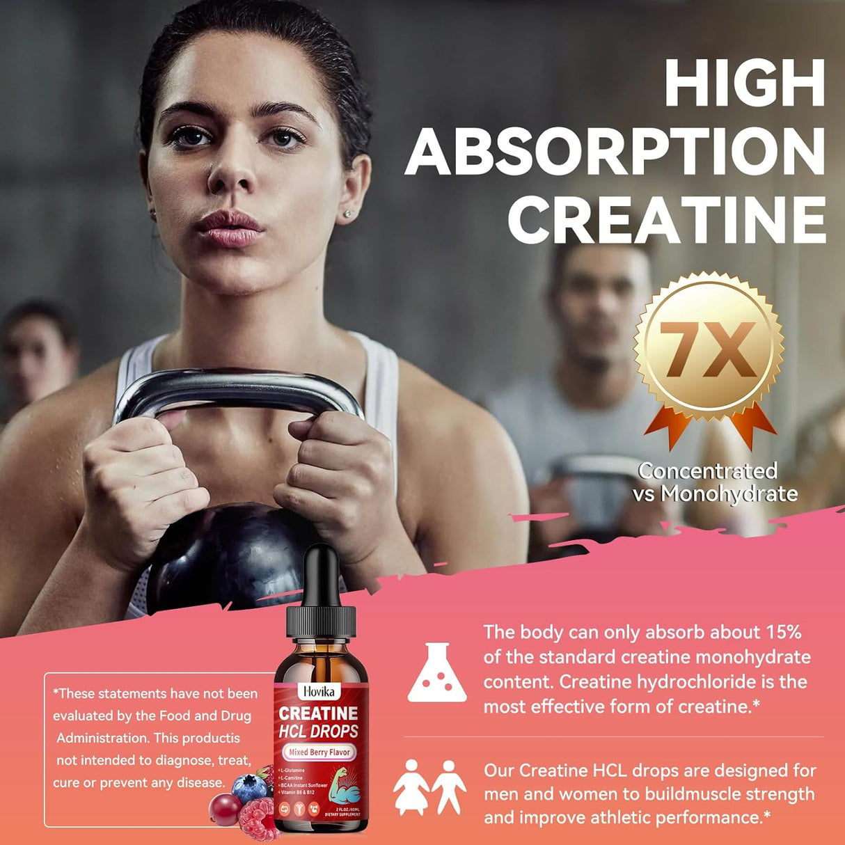 Creatine HCL Liquid Drops for Men &amp; Women, Creatine Hydrochloride with L-Carnitine, L-Glutamine, BCAA, Vitamin B12 &amp; B6 for Muscle Growth &amp; Recovery-Vegan, Mixed Berry Flavor Flavor, 2 Fl Oz