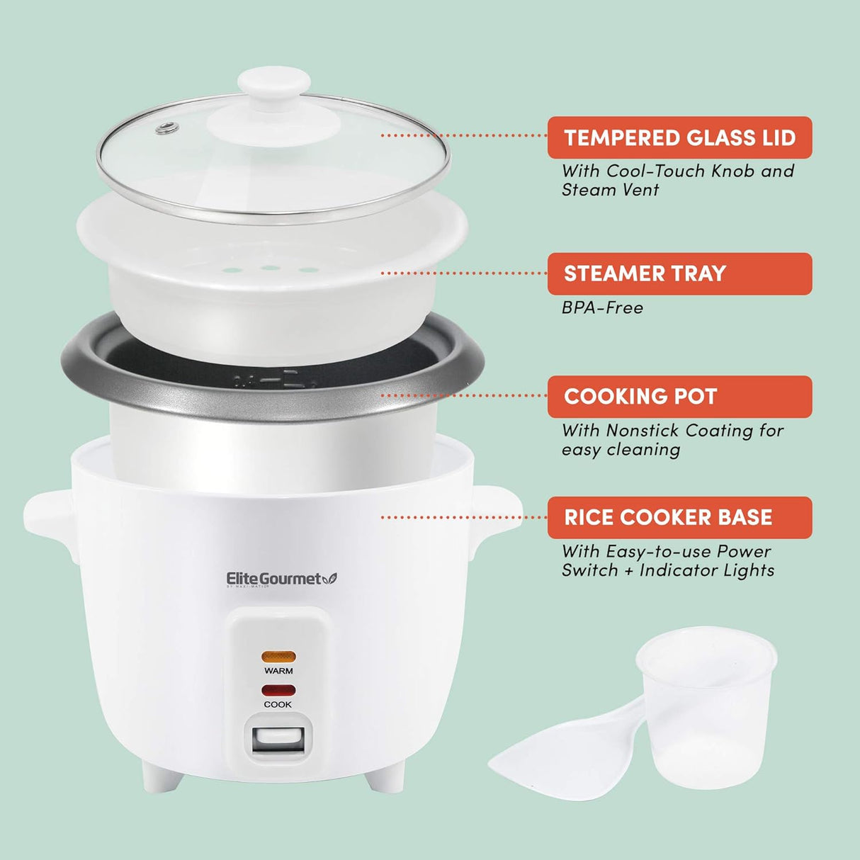 Olla Arrocera Elite Gourmet, 6 tazas, con olla antiadherente, ERC-006NST