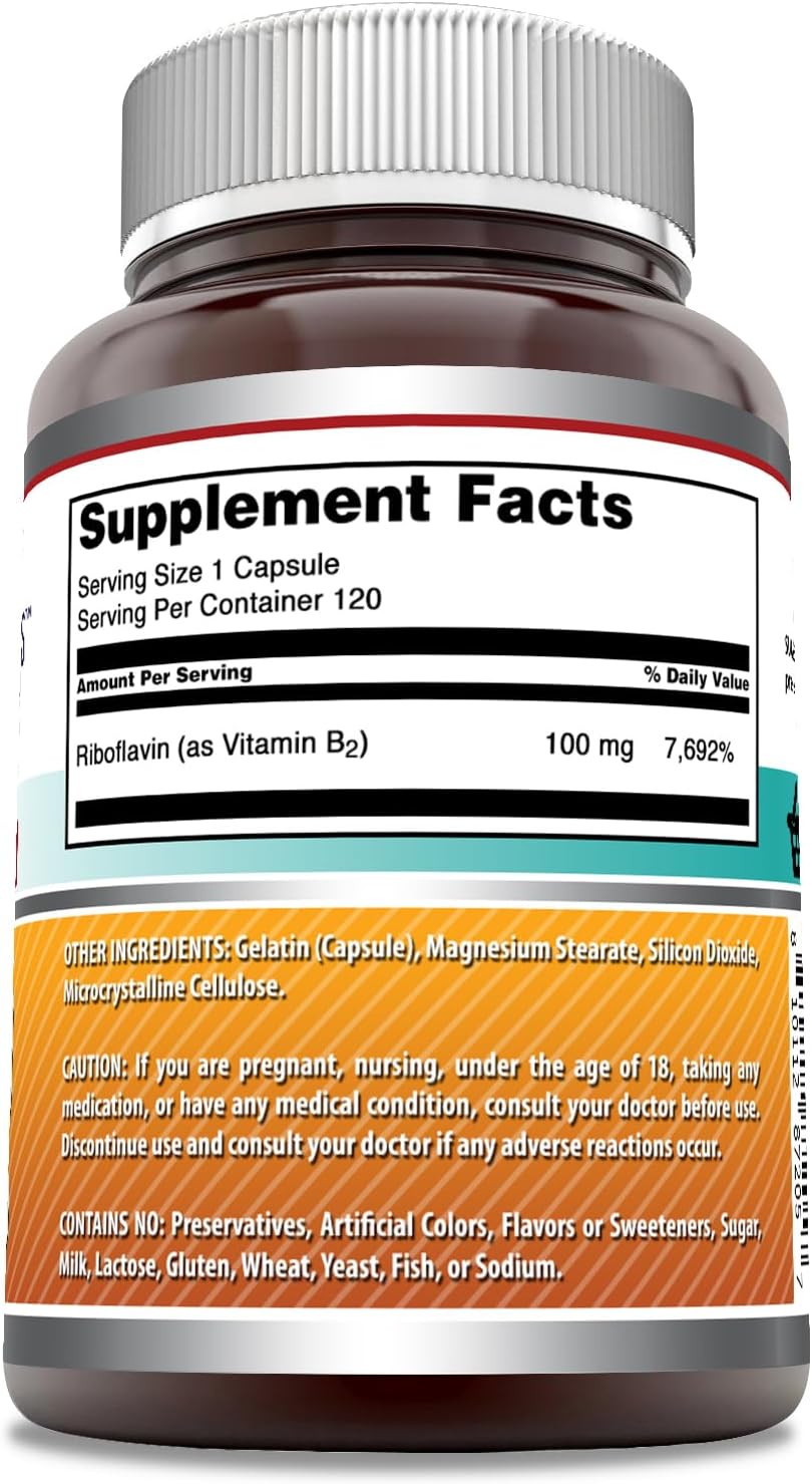 Suplemento Riboflavin 100 mg Vitamina B2 120un Sin gluten