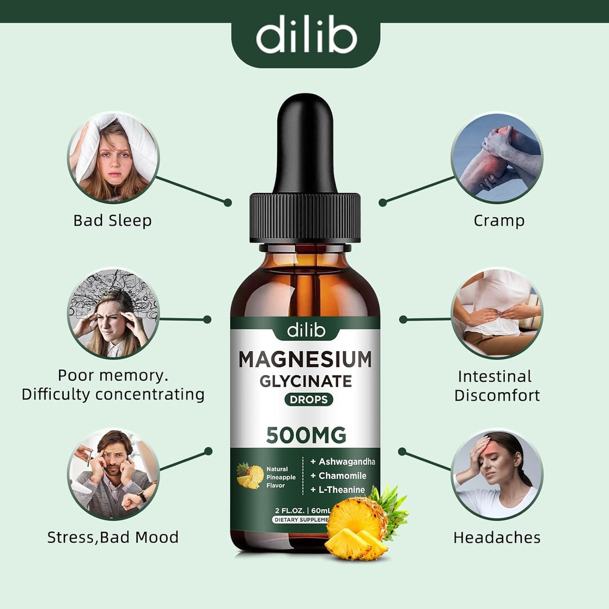 Glicinato de magnesio 500 mg  Calma y alivio del estrés