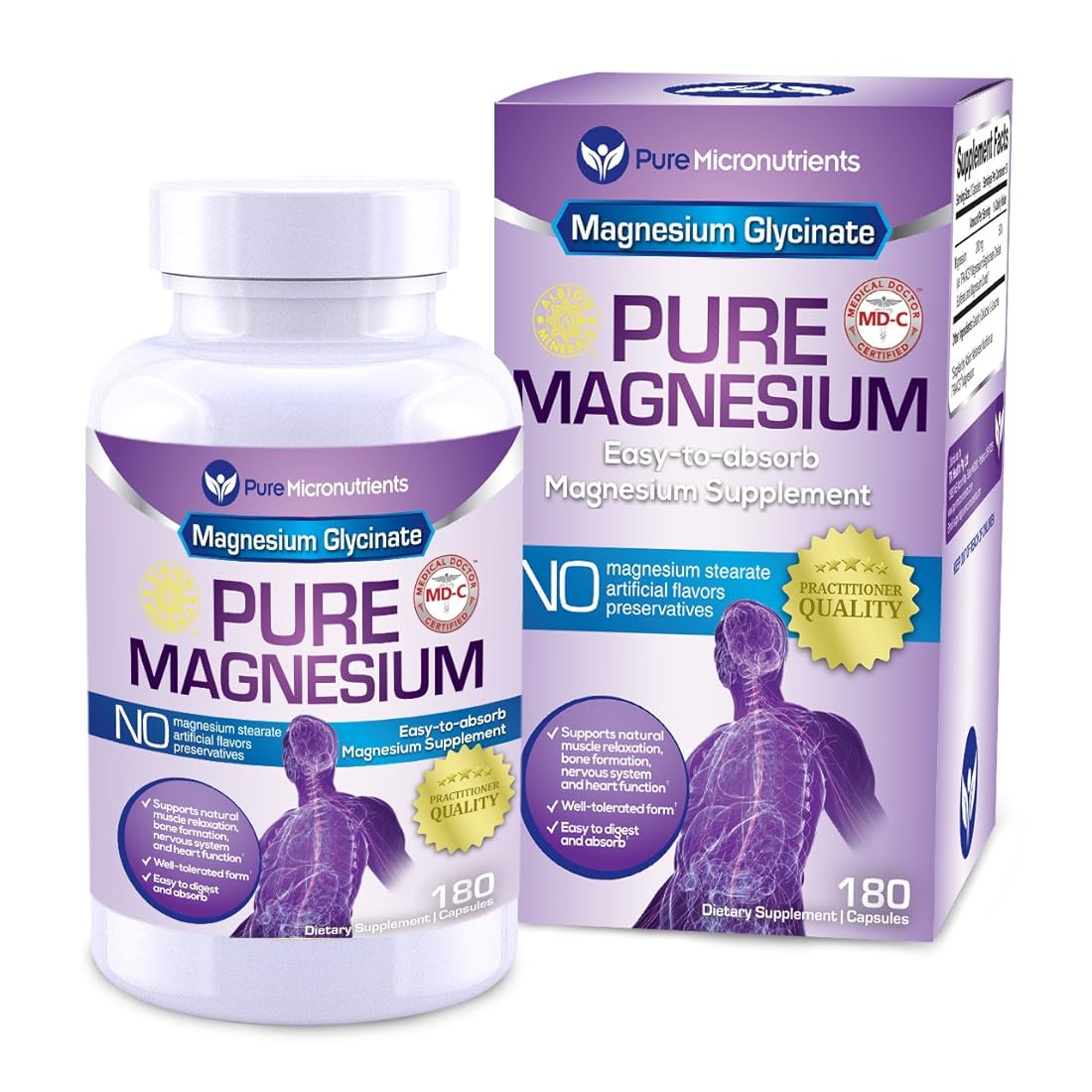 Suplemento de glicinato de magnesio puro de micronutrientes