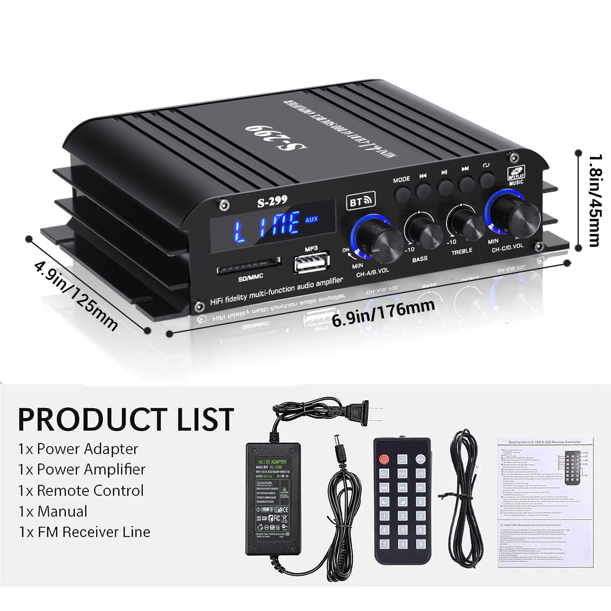 Amplificador de Audio Bluetooth 800W 4.1CH con Subwoofer Activo S299