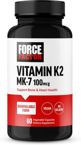 Force Factor MK-7 Vitamina K2 100mcg, Salud Ósea y Corazón, 60 Cápsulas