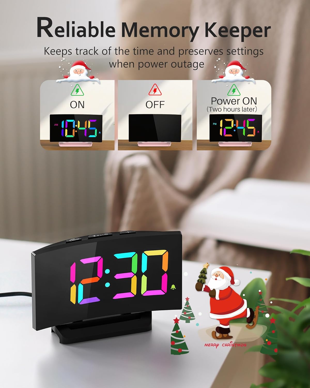 Reloj Despertador Digital Curvo con 5 Brillos, 2 Volúmenes, 3 Tonos
