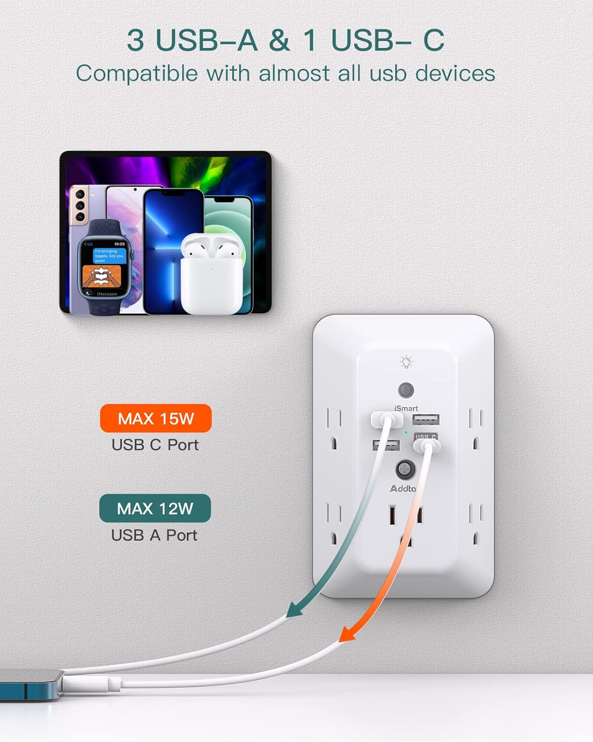 Protector de Sobretensión con USB Addtam 5 Tomas y Luz Nocturna