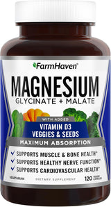 FarmHaven Magnesio Glicinato y Malato con D3, 120 cápsulas