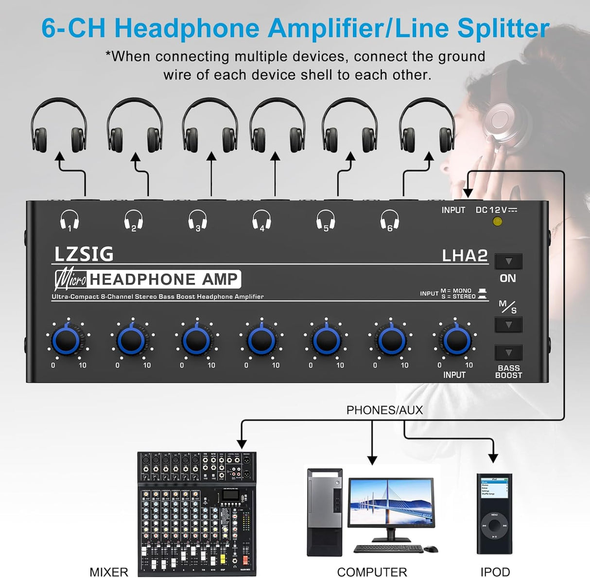Amplificador de auriculares estéreo 6 canales con potenciador de graves