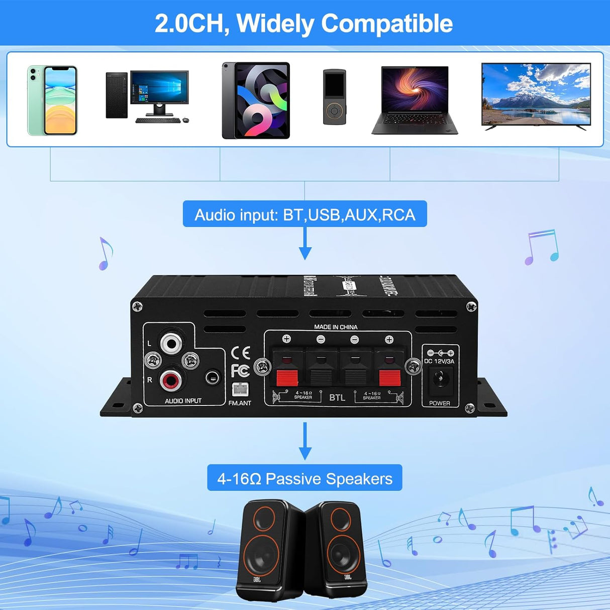 Amplificador Estéreo para Altavoces, 40W, Bluetooth 5.0, AK-390