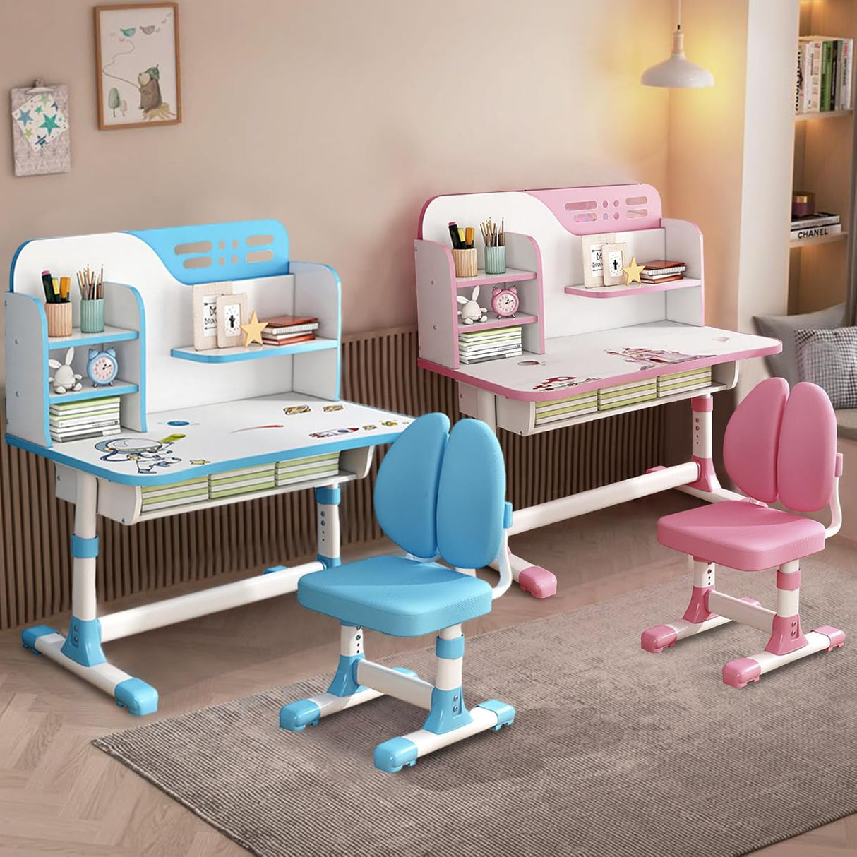 Escritorio y Silla Infantil Ajustable con Cajón de Almacenaje