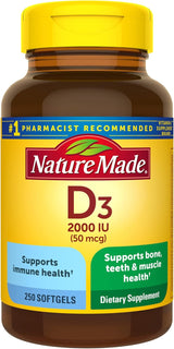 Suplemento de Vitamina D3 2000 IU Nature Made, 250 Gelatinas