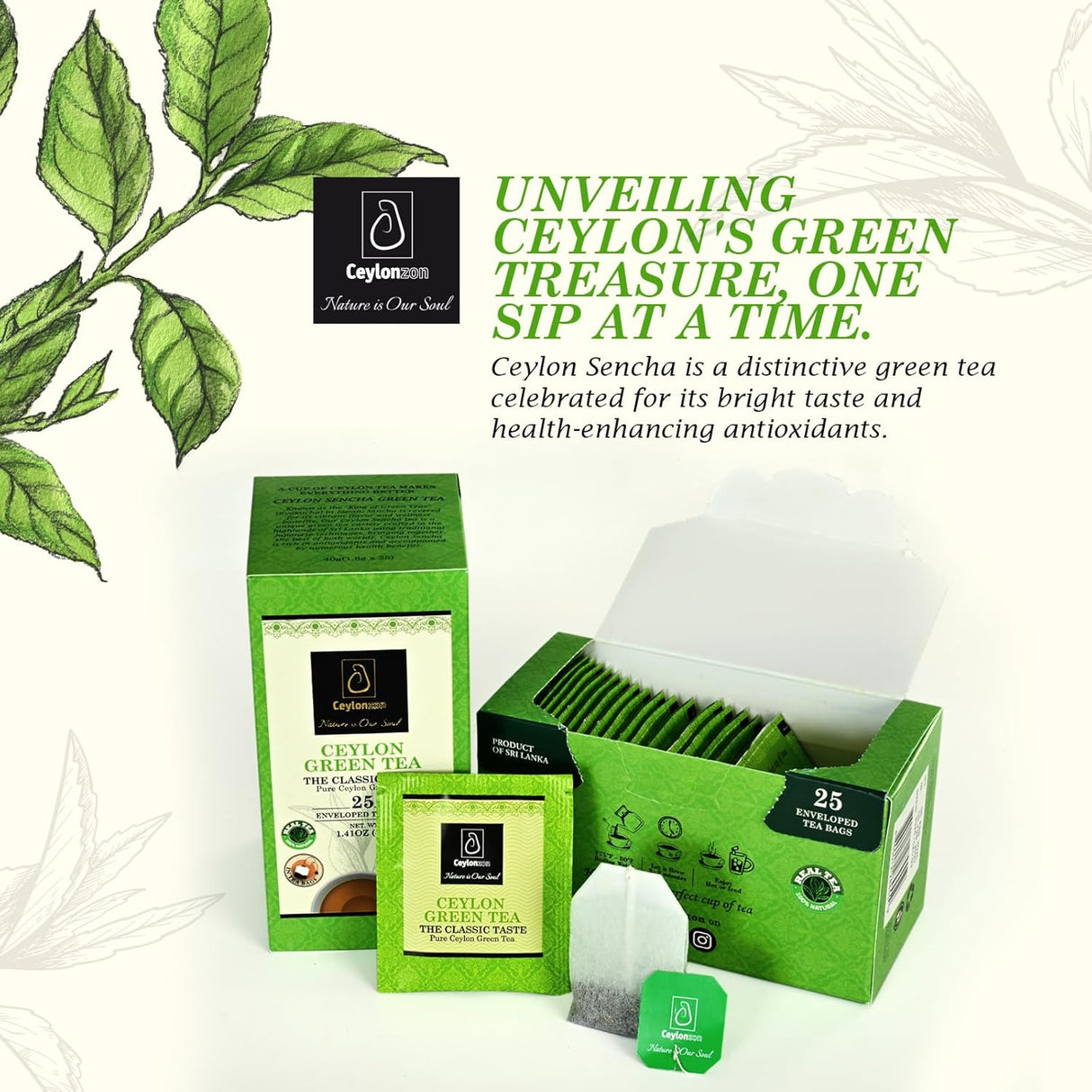 Ceylonzon Té Verde Premium 25 Bolsas, Sabor Natural 40g