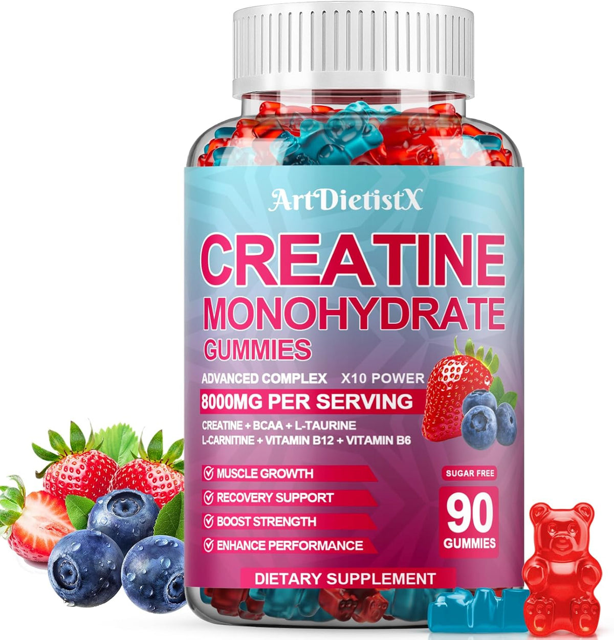 Creatina Monohidrato Gummies con BCAA, L-Carnitina y B12, 90u