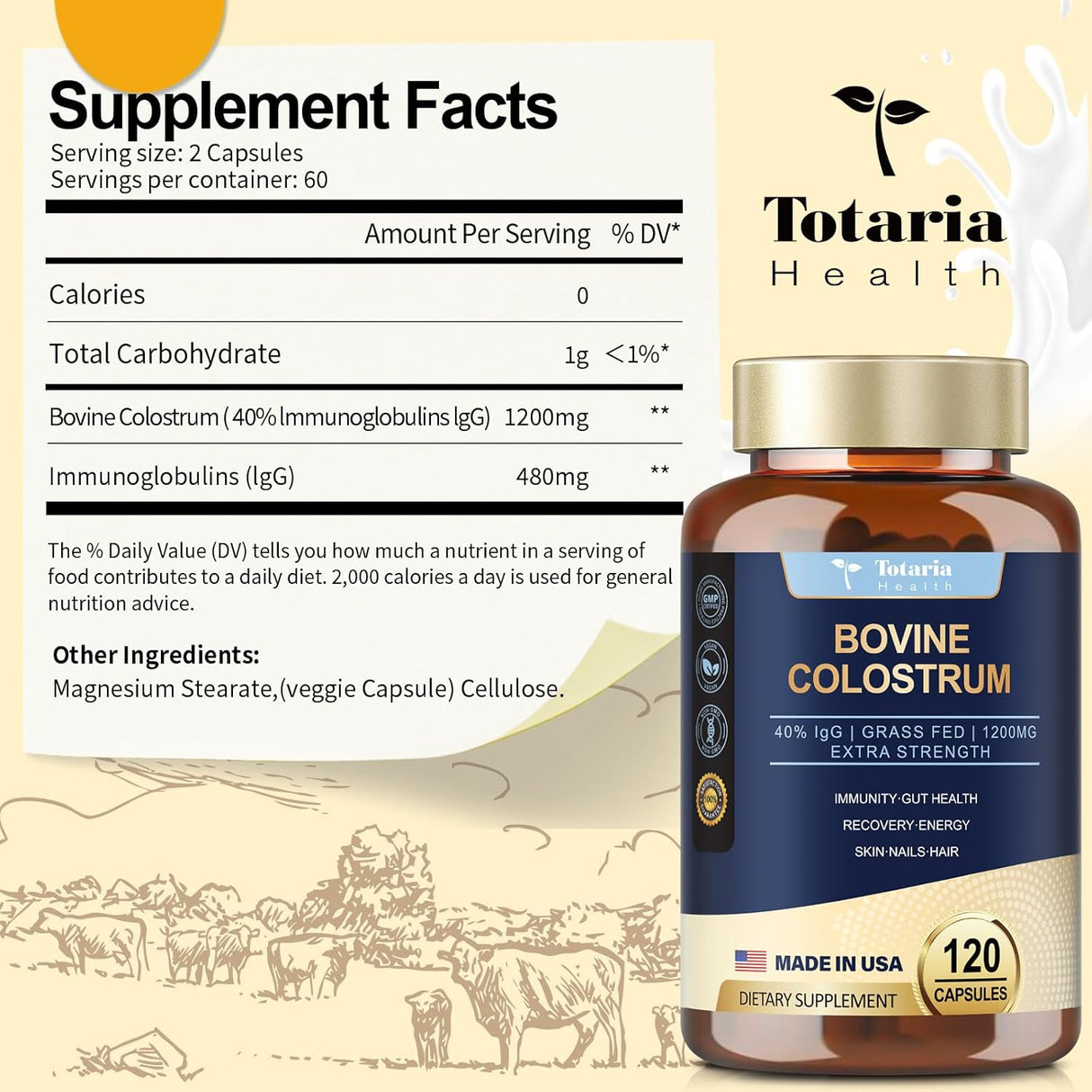 Suplemento de Calostro Bovino Orgánico 1200mg - 120 cápsulas