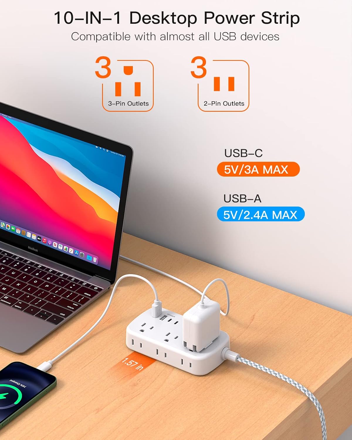 Cable de extensión plano, regleta de alimentación de enchufe
