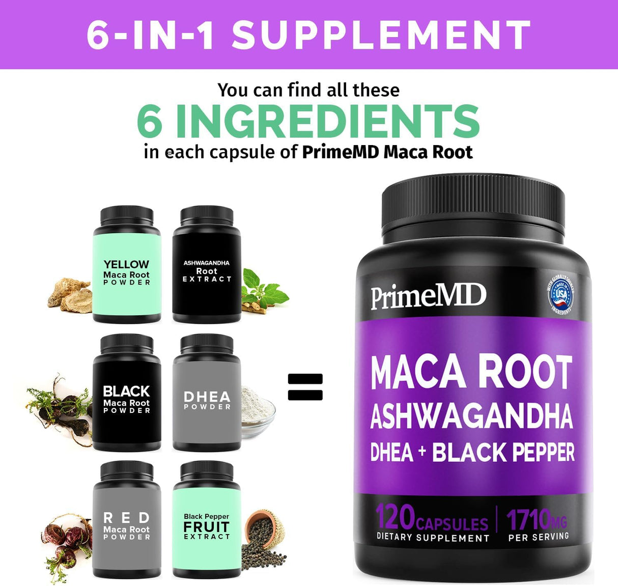 Cápsulas 6 en 1 Maca y Ashwagandha - Energía y Ánimo, 360 Uds.