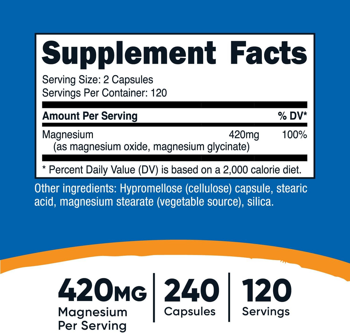 Glicinato de Magnesio 420 mg, 240 Cápsulas - 120 Porciones