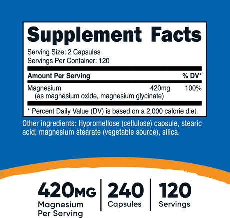 Glicinato de Magnesio 420 mg, 240 Cápsulas - 120 Porciones