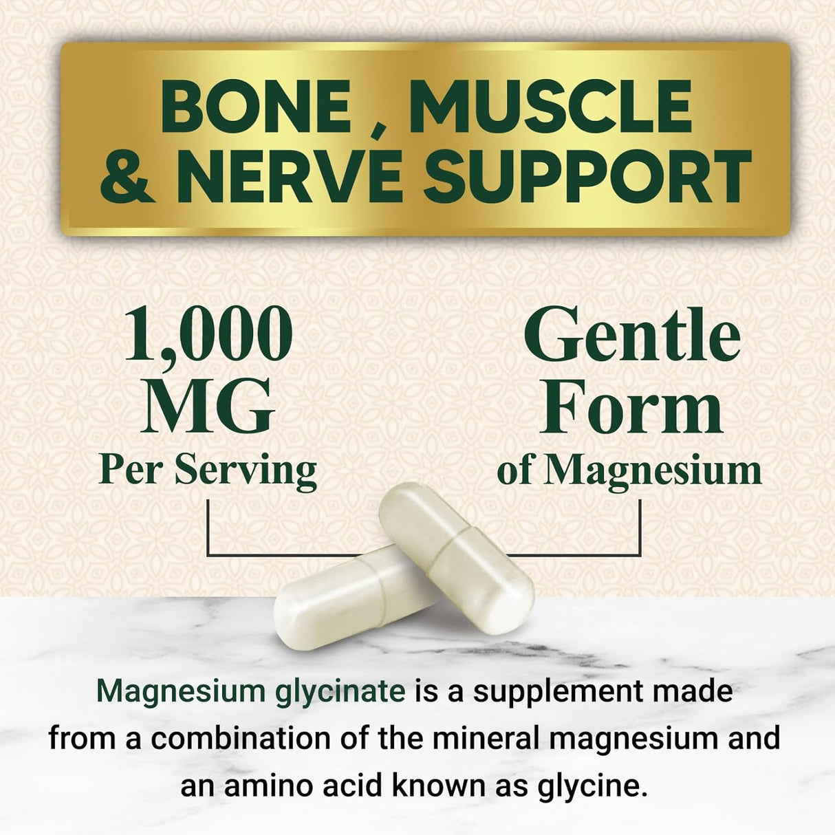 Magnesio Glicinato 1000mg, Apoyo para Huesos, Músculos, Nervios y Corazón, 60 Cápsulas