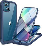 Miracase Funda compatible con iPhone 13 de 6.1 pulgadas, 2021 carcasa transparente de cristal de cuerpo completo con protector de pantalla de cristal templado 9H incorporado para iPhone 13, azul oscuro
