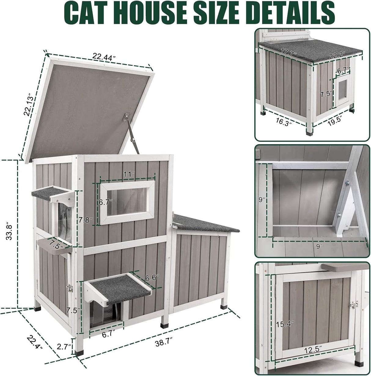 Refugio para Gatos Feral, Casa de Madera, 3 Habitaciones, Modelo 2.
