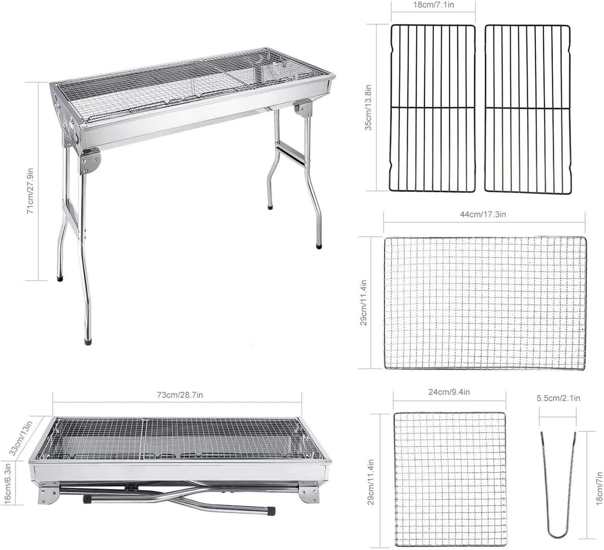 Parrilla de carbón portátil, acero inoxidable, plegable, grande