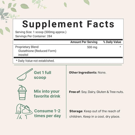 Suplemento polvo reducido  de glutatión con inositol 5 onzas