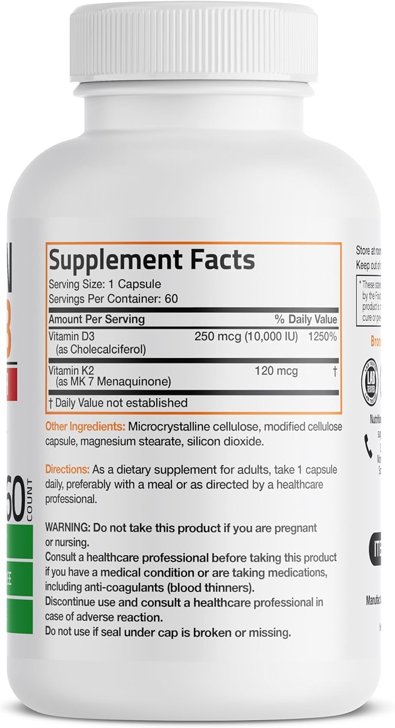 Suplemento K2 (MK7) D3 Bronson, 10,000 IU, 120 mcg, 60 Caps