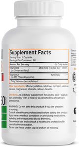 Suplemento K2 (MK7) D3 Bronson, 10,000 IU, 120 mcg, 60 Caps
