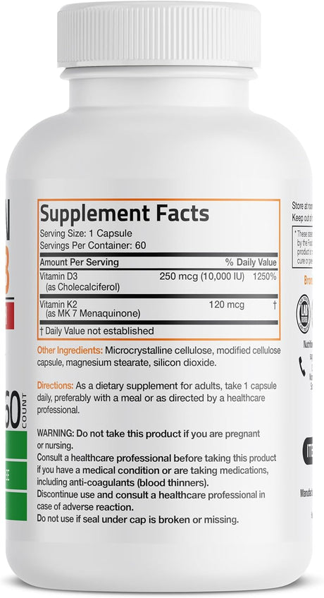 Suplemento K2 (MK7) D3 Bronson, 10,000 IU, 120 mcg, 60 Caps