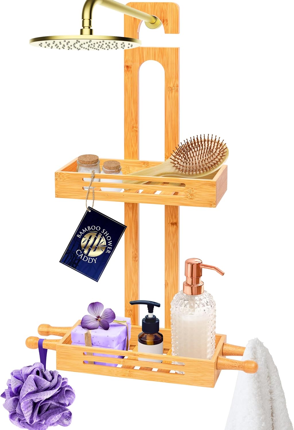 SereneLife Carrito de ducha colgante de bambú con 2 niveles